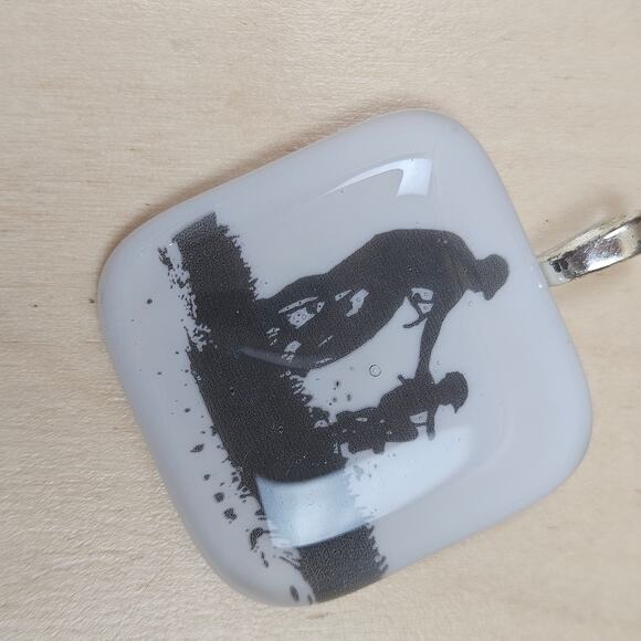 Silhouette Pendant Man & Boy on Bikes Signed 1.5" square Bicyclist Dad Son Eva - Picture 1 of 7